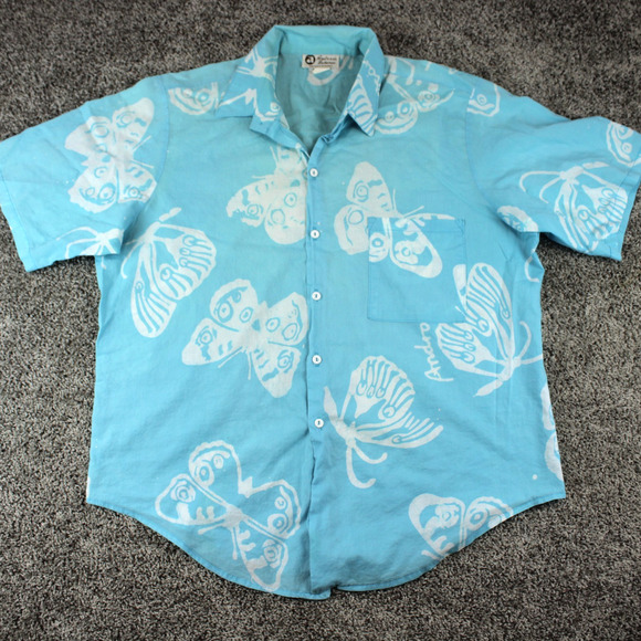 Androsia Bahamas Other - Androsia Bahamas Vintage Mens L Blue Floral Batik Hand Dyed Cotton Shirt